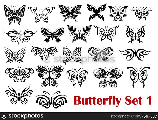 Set of ornate butterfly silhouette icons, flat with spread wings for insect, nature and tattoo design
