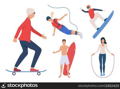 Set of outdoor activities. Men and women snowboarding, skateboarding, surfing, jumping rope. Activity concept. Vector illustration can be used for topics like extreme sport or hobby. Set of outdoor activities. Men and women snowboarding