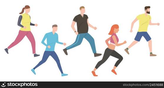 Set of outdoor joggers. Group of active people in sportswear training outdoors. Vector illustration can be used for brochure, lifestyle, running. Set of outdoor joggers