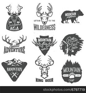 Set of outdoors adventures, mountains exploration labels and badges isolated on white background. Design elements for logo, label, emblem, sign, brand mark. Vector illustration.