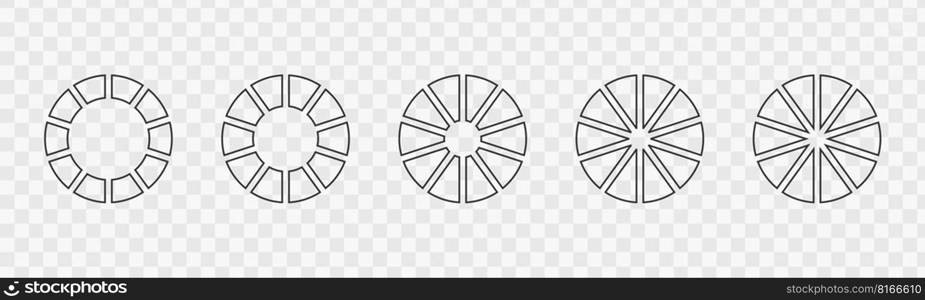 Set of outline donut charts or pies divided on 10 equal parts. Infographic wheels separated on ten segments. Circle diagrams isolated on transparent background. Vector outline illustration. Set of outline donut charts or pies divided on 10 equal parts. Infographic wheels separated on ten segments. Circle diagrams isolated on transparent background