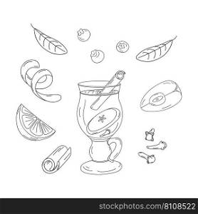 Set of Outline drawing of a glass cup with mulled wine, cinnamon stick, apple slice and cloves. Coloring book. Isolate. Design for poster, banner, brochure, greeting or invitation cards. Vector. EPS.