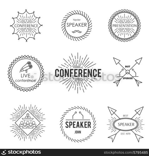 Set of outline emblem badge label conference public speaking design. Set of outline emblem