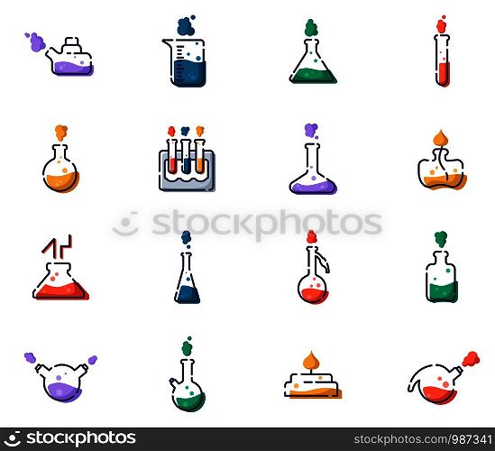 set of outline filled icons - laboratory flasks, measuring cup and test tubes for diagnosis, analysis, scientific experiment. Chemical lab and equipment. Isolated vector objects or signs in line style. Laboratory Flasks Icon Set