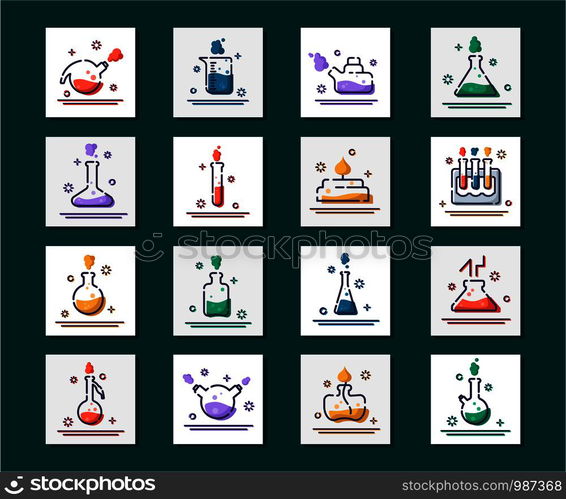 set of outline filled icons - laboratory flasks, measuring cup and test tubes for diagnosis, analysis, scientific experiment. Chemical lab and equipment. Isolated vector objects or signs in line style. Laboratory Flasks Icon Set