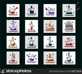 set of outline filled icons - laboratory flasks, measuring cup and test tubes for diagnosis, analysis, scientific experiment. Chemical lab and equipment. Isolated vector objects or signs in line style. Laboratory Flasks Icon Set
