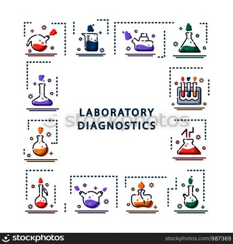 set of outline filled icons, square frame - laboratory flasks, measuring cup and test tubes for diagnosis, scientific experiment. Chemical lab and equipment. Isolated vector objects or signs in line style. Laboratory Flasks Icon Set