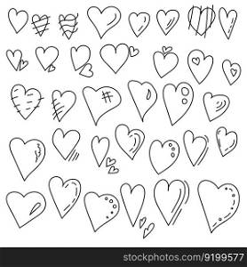 set of outline hearts in doodle style, design elements for Valentines day vector illustration