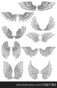 Set of outline heraldic wings in black and white with feather detail for use in heraldry and religion design