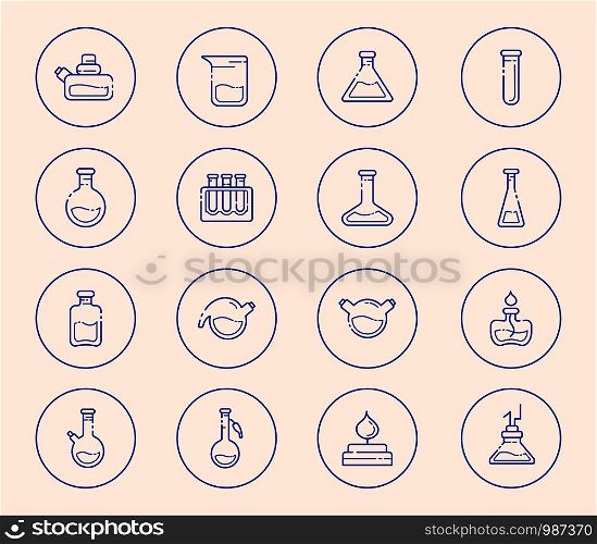 set of outline icons - laboratory flasks, graduated measuring cup and test tubes for diagnosis, analysis, scientific experiment. Chemical lab and equipment. Isolated vector objectsor signs in line style on white background. Laboratory Flasks Icon Set