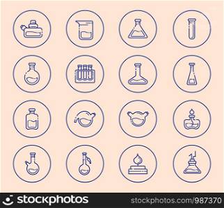 set of outline icons - laboratory flasks, graduated measuring cup and test tubes for diagnosis, analysis, scientific experiment. Chemical lab and equipment. Isolated vector objectsor signs in line style on white background. Laboratory Flasks Icon Set