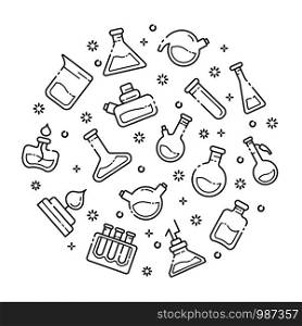 set of outline icons - laboratory flasks, measuring cup and test tubes for diagnosis, analysis, scientific experiment. Chemical lab and equipment. Isolated vector objects or signs in line style. Laboratory Flasks Icon Set
