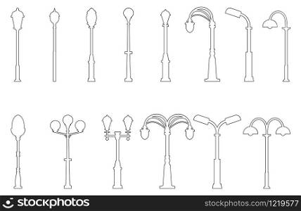 Set of outline street light silhouettes isolated on white background. Vintage street lights. Elements for landscape construction. Vector illustration for any design.