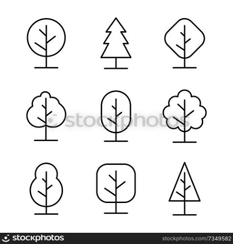 Set of outline tree icons. Vector illustration