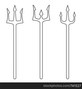 Set of outline tridents isolated on white background. Devil, neptune trident. Line style. Clean and modern vector illustration for design, web.