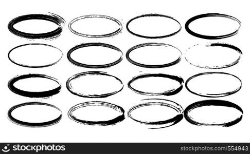 Set of oval grunge frames. Empty circlular borders isolated. Vector illustration.