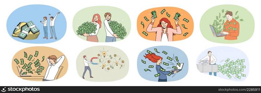 Set of overjoyed diverse people with stacks of money excited with lottery win or victory. Bundle of happy men and women get dividend from successful investment. Finance, bank. Vector illustration. . Set of happy people get money from successful investment 