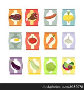 Set of packs of chips. Packaging with different tastes: meat, vegetables, sausage. Food vector illustration.&#xA;