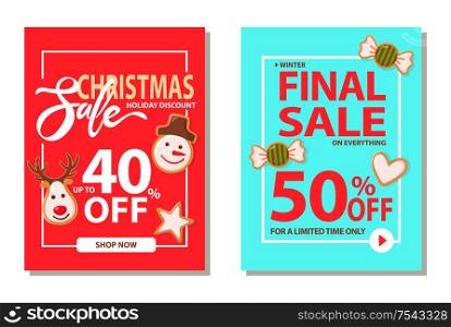 Set of pages with Christmas final sale and holiday discount on everything. Card with cookie head of snowman and deer, star and sweet with heart vector. Set of Pages with Christmas Final Sale Vector