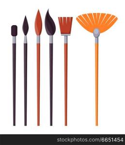 Set of paint brushes of different shapes isolated on white. Visual art paintbrush made by clamping the bristles to handle with ferrule, vector illustration. Set of Paint Brushes of Different Shapes Isolated