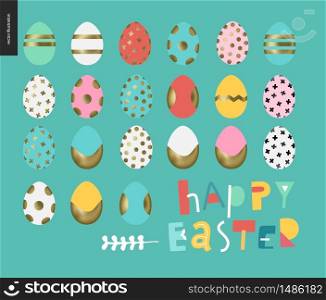 Set of painted eggs - arranged traditional Easter eggs on the blue background. Set of painted eggs