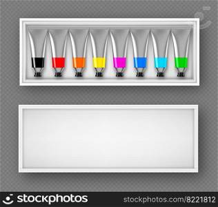 Set of paints tubes in box top view, colorful palette with oil or acrylic dye in metal aluminium bottles with black screw caps isolated on transparent background, Realistic 3d vector illustration. Set of paints tubes in box top view dye palette