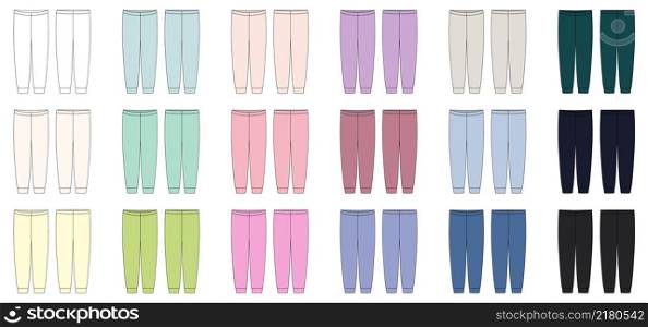 Set of pajamas pants technical sketch. KIds home wear trousers design template collection. Front and back view. CAD fashion vector illustration. Set of pajamas pants technical sketch. KIds home wear trousers design template collection