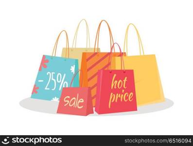 Set of Paper Bags with Text Sale, Percentage Price. Set of paper bags with text sale, percentage, price. Buy now, sale tag, banner retail, icon label, store and shop purchase, marketing message and market commerce illustration. Shopping bags. Vector