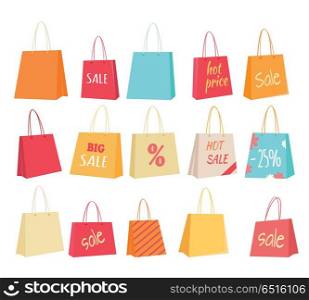 Set of Paper Bags with Text Sale, Percentage Price. Set of paper bags with text sale, percentage, hot price, big sale, hot sale. Buy now concept design. Sale tags banner retail collection. Shopping icon label shop purchase, marketing commerce. Vector