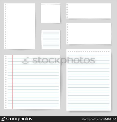 Set of paper blank with line for note, mail, shcool. Torn sheet of paper page. Square and lined paper for notice, write memo, text. Empty ripped notepaper on isolated background. vector eps10. Set of paper blank with line for note, mail, shcool. Torn sheet of paper page. Square and lined paper for notice, write memo, text. Empty ripped notepaper on isolated background. vector