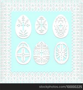 Set of paper cut festive symbols Holiday spring Easter signs egg in white colors isolated on blue background and lace frame Traditional Belarusian, Polish paper clippings Hand made Vector illustration. Set of paper cut festive symbols Holiday spring Easter signs egg in white colors isolated on blue background and lace frame. Traditional Belarusian, Polish paper clippings. Hand made. Vector
