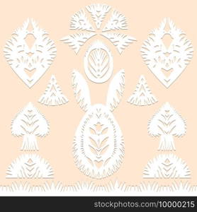 Set of paper cut festive symbols Holiday spring Easter signs egg, rabbit, heart, tree in pink, yellow, gray, blue colors. Traditional Belarusian, Polish paper clippings. Hand made. Vector illustration. Set of paper cut festive symbols Holiday spring Easter signs egg, rabbit, heart, tree in pink, yellow, gray, blue colors. Traditional Belarusian, Polish paper clippings. Hand made. Vector
