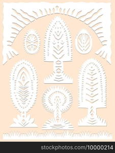 Set of paper cut spring, summer symbols decorative trees in white color isolated on beige background Traditional Belarusian, Polish paper clippings make with scissors. Hand made. Vector illustration. Set of paper cut spring, summer symbols decorative trees in white color isolated on beige background Traditional Belarusian, Polish paper clippings make with scissors. Hand made. Vector