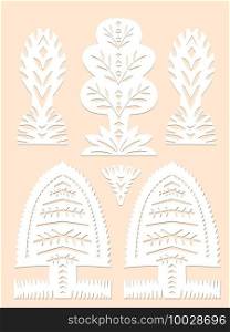 Set of paper cut spring, summer symbols decorative trees in white color isolated on beige background Traditional Belarusian, Polish paper clippings make with scissors. Hand made. Vector illustration. Set of paper cut spring, summer symbols decorative trees in white color isolated on beige background Traditional Belarusian, Polish paper clippings make with scissors. Hand made. Vector
