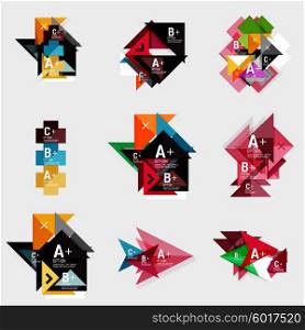 Set of paper design style geometrical banner templates with sample text, infographic elements and empty blank shapes for your image. Vector collection