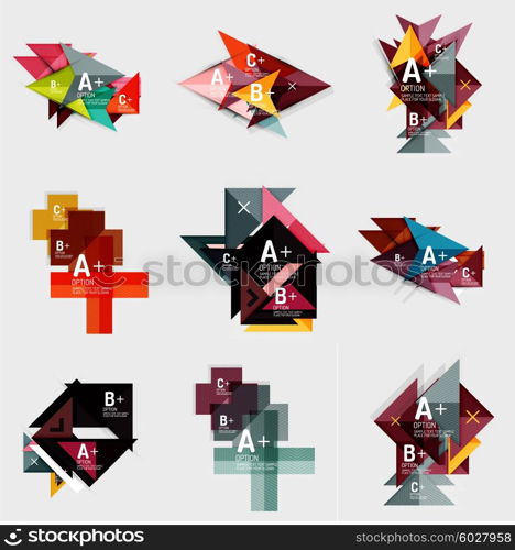 Set of paper design style geometrical banner templates with sample text, infographic elements and empty blank shapes for your image. Vector collection