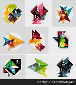 Set of paper design style geometrical banner templates with sample text, infographic elements and empty blank shapes for your image. Vector collection