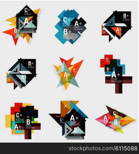 Set of paper design style geometrical banner templates with sample text, infographic elements and empty blank shapes for your image. Vector collection