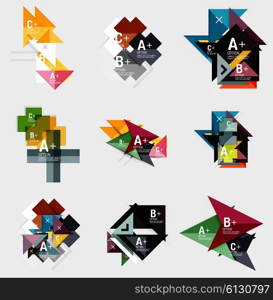 Set of paper design style geometrical banner templates with sample text, infographic elements and empty blank shapes for your image. Vector collection