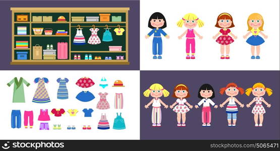 Set of paper girls dolls in different clothes. A set of clothes and shoes. Closet with clothes and accessories.