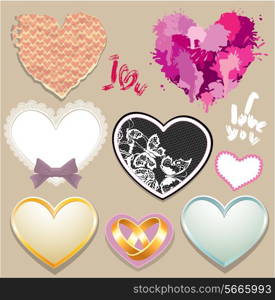 Set of paper, lace, metall hearts. Elements for Valentine`s Day or Wedding Design