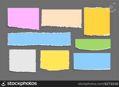 Set of paper note ripped strips isolated background. Paper page scraps with torn edges.