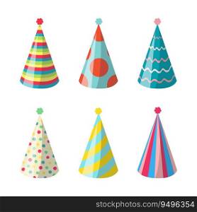 Set of paper party hats isolated on white background. Collection of colorful hats for birthday. Vector stock