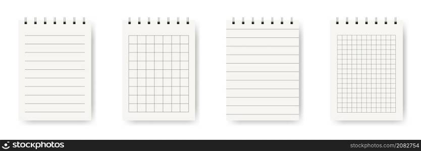 Set of paper sheets of notebook or copybook with shadow. Memo note pads or diary with lined and squared paper page templates.. Set of paper sheets of notebook or copybook with shadow. Memo note pads or diary with lined and squared paper page templates. Vector
