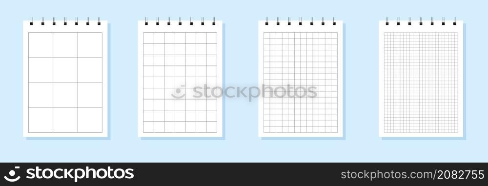 Set of paper sheets of notebook or copybook with shadow. Memo note pads or diary with lined and squared paper page templates.. Set of paper sheets of notebook or copybook with shadow. Memo note pads or diary with lined and squared paper page templates. Vector