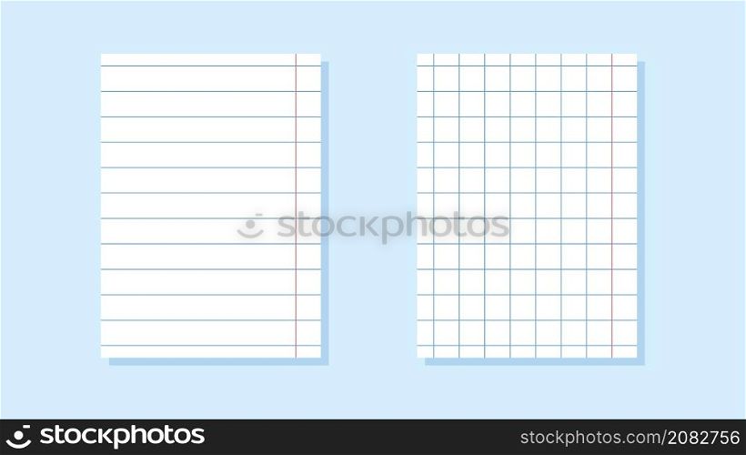 Set of paper sheets of notebook or copybook with shadow. Checkered and linear sheets of paper. Vector