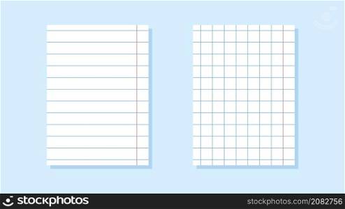 Set of paper sheets of notebook or copybook with shadow. Checkered and linear sheets of paper. Vector