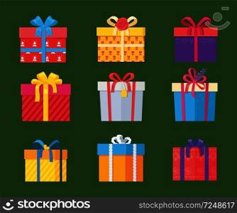 Set of parcel package icons in decorative wrapping paper with bows and ribbons vector isolated on green, present gift boxes colorful holiday packs. Set of Parcel Package Icons in Decorative Wrapping