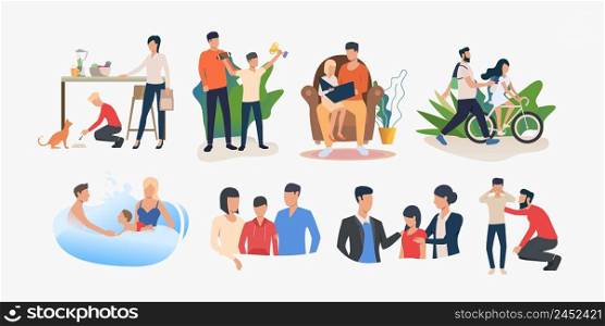 Set of parents spending time with children and supporting them. Family activities and parenting. Vector illustration can be used for presentation slide, advertisement, business. Set of parents spending time with children and supporting them