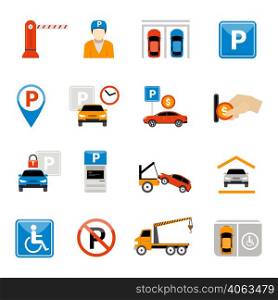 Set of parking isolated abstract icons with special signs equipment characters and actions vector illustration. Parking Icons Set
